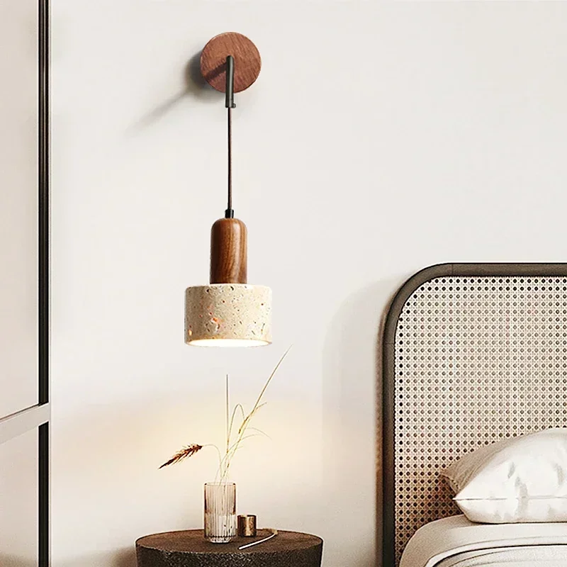 حار نمط وابي سابي الحجر الطبيعي ديكور المنزل الجدار مصباح الرجعية الخوخ الخشب اللون الإقامة المنزلية غرفة نوم السرير Led الشمعدان أضواء #5