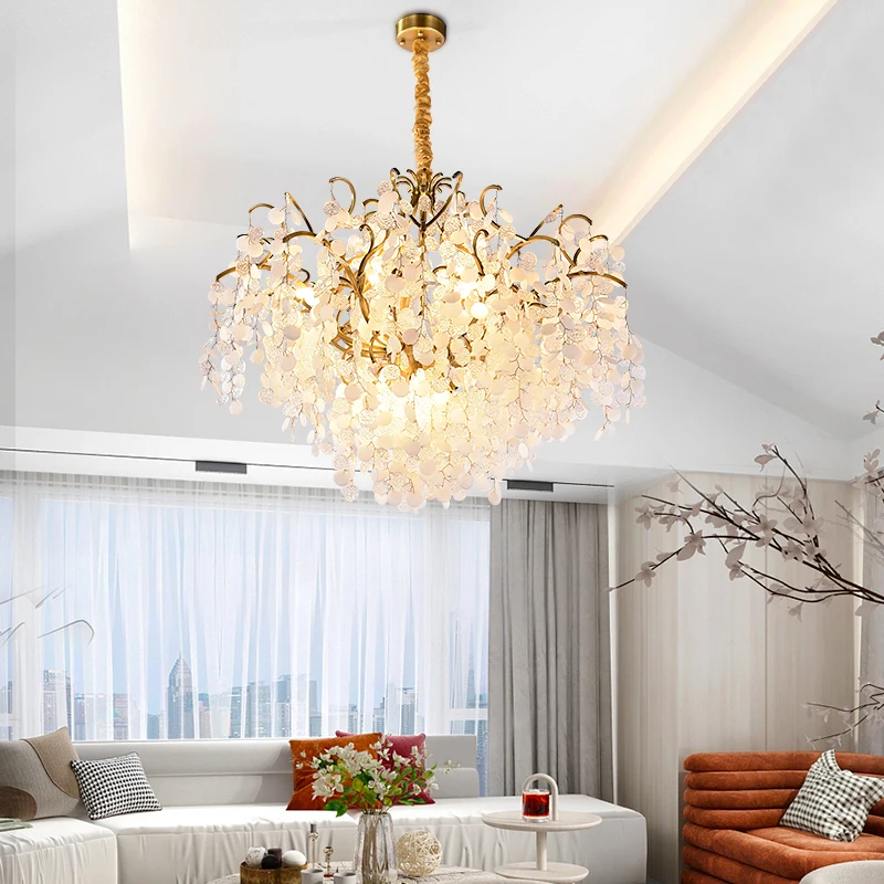 Light luxury branch glass lamp French creative money tree art villa living room bedroom copper chandelier