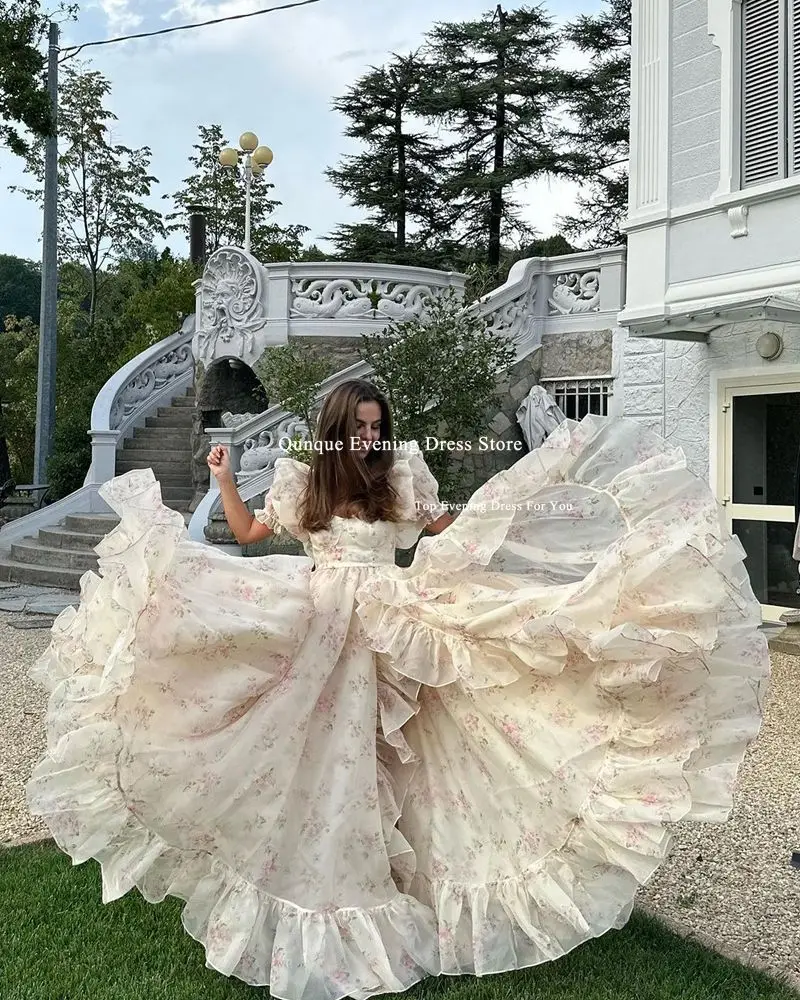 Qunque Customized Organza Prom Dresses Sweetheart Puff Sleeves Long Floral Print Party Gowns Elegant A-Line Formal Evening Dress