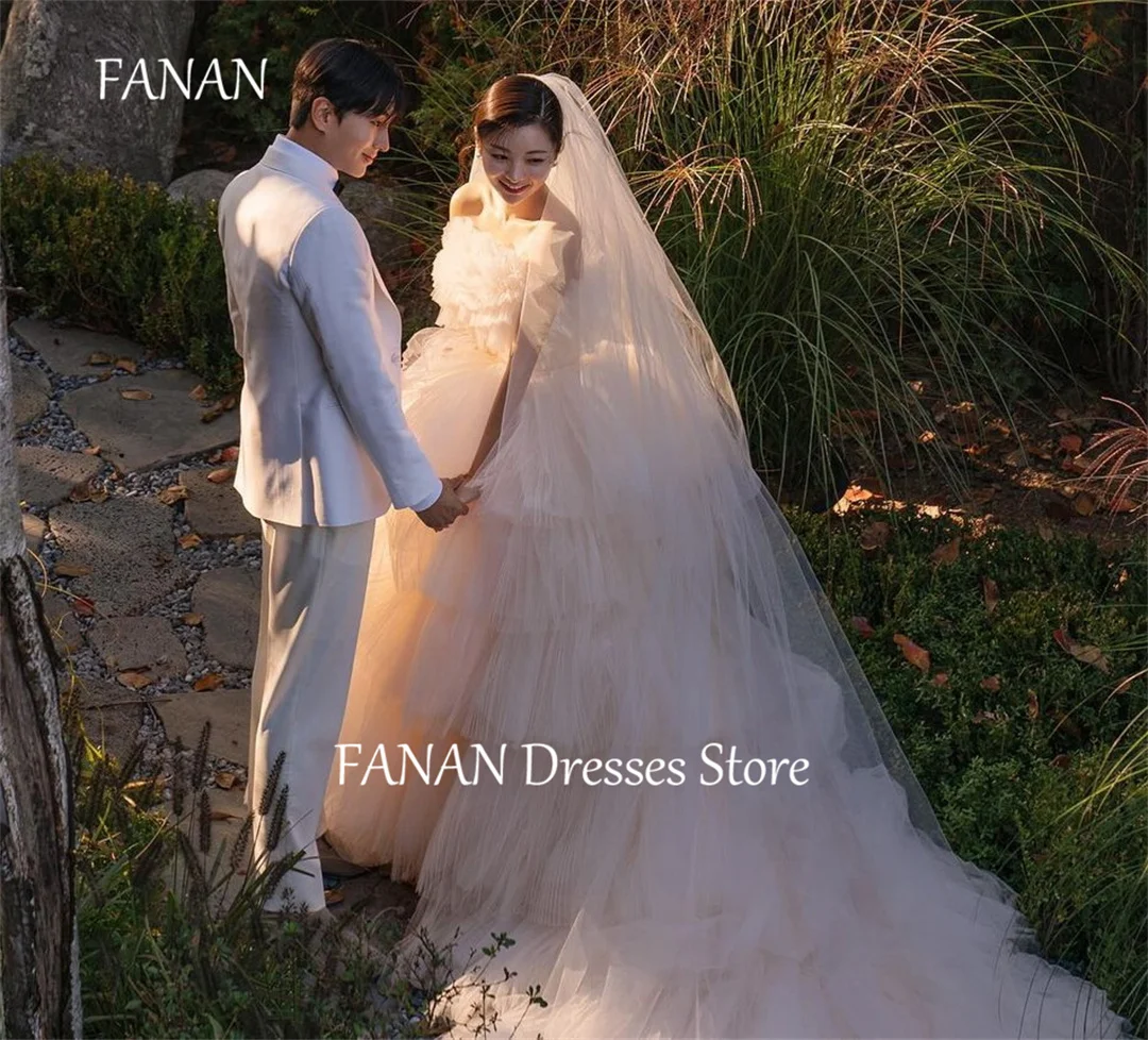 FANAN Korea Off-ShoulderPrincess Sleeveless Tiered Wedding Dresses 웨딩드레스 Ivory Tulle Ruffles Custom Made Bride Gowns Plus Sizell