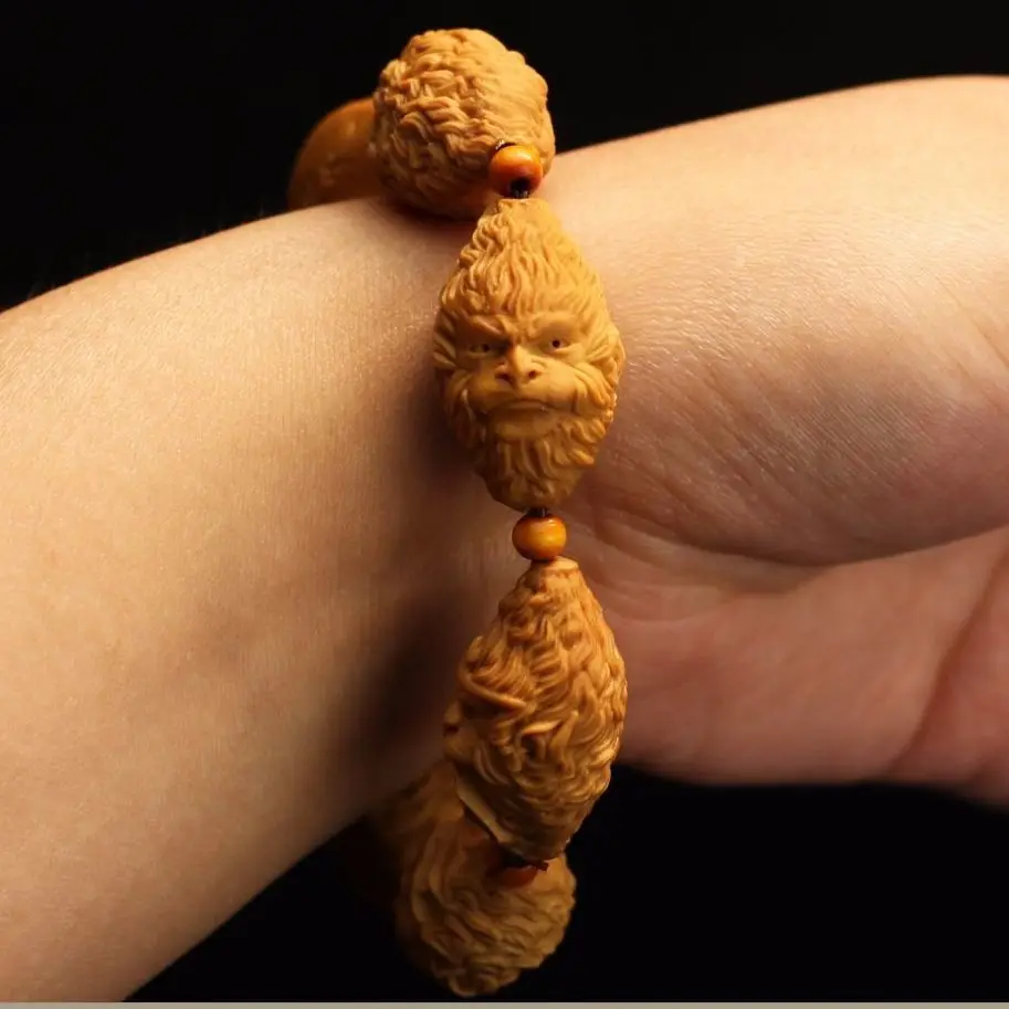 Natural Nuclear Carved Bracelet Hand-carved Monkey King Man Wen Play Olive Nuclear Hand String for Men and Women Gifts Jewelry