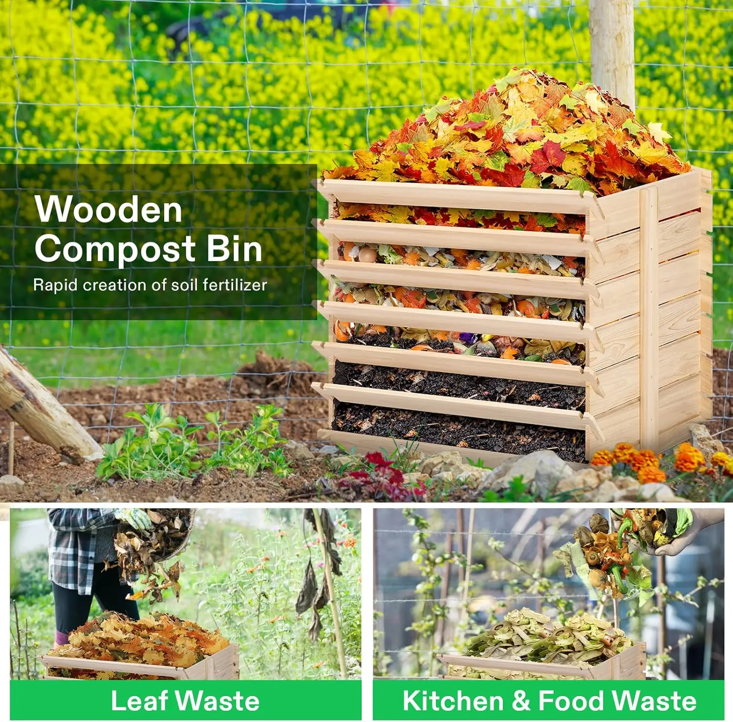 Wooden Compost Bin Removable Front Door, Easy to Setup for Backyard Lawn (Black with Gloves and Liner)