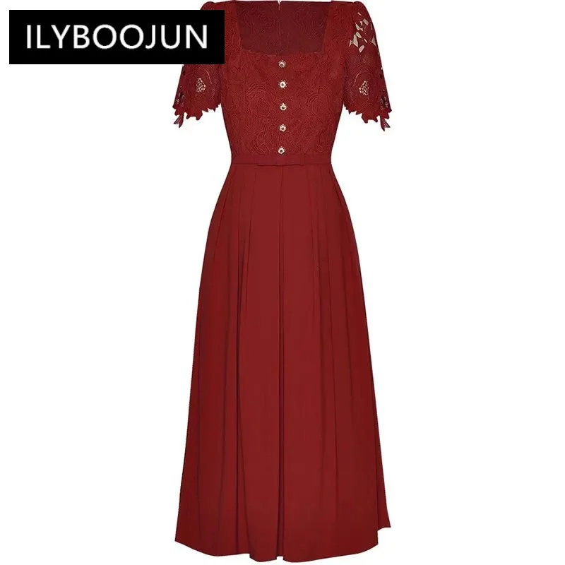 

ILYBOOJUN Summer Women's Dress Square-Neck Short-Sleeve Lace Splicing Button Hollow Out vintage Party Dresses