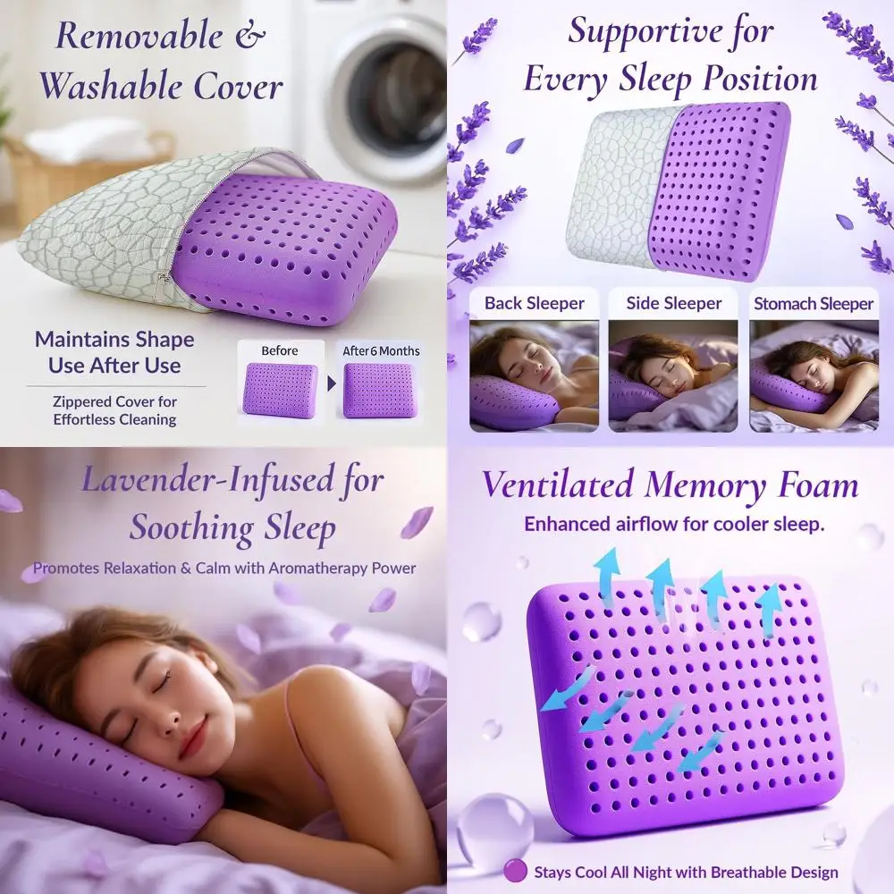 

Lavender-Infused Cooling Memory Foam Pillows, Ventilated for Side, Back, and Stomach Sleepers, 24x16 Washable Covers