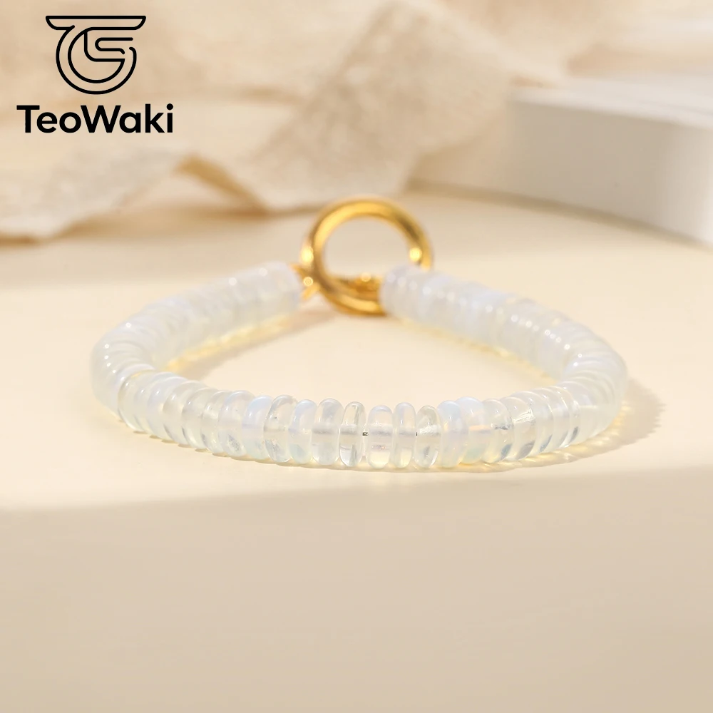 TeoWaki Natural White Opalite Moonstone Beaded Bracelet Men Women Flat Disc Rondelle Toggle Bracelet Dainty Jewelry Gift 17cm