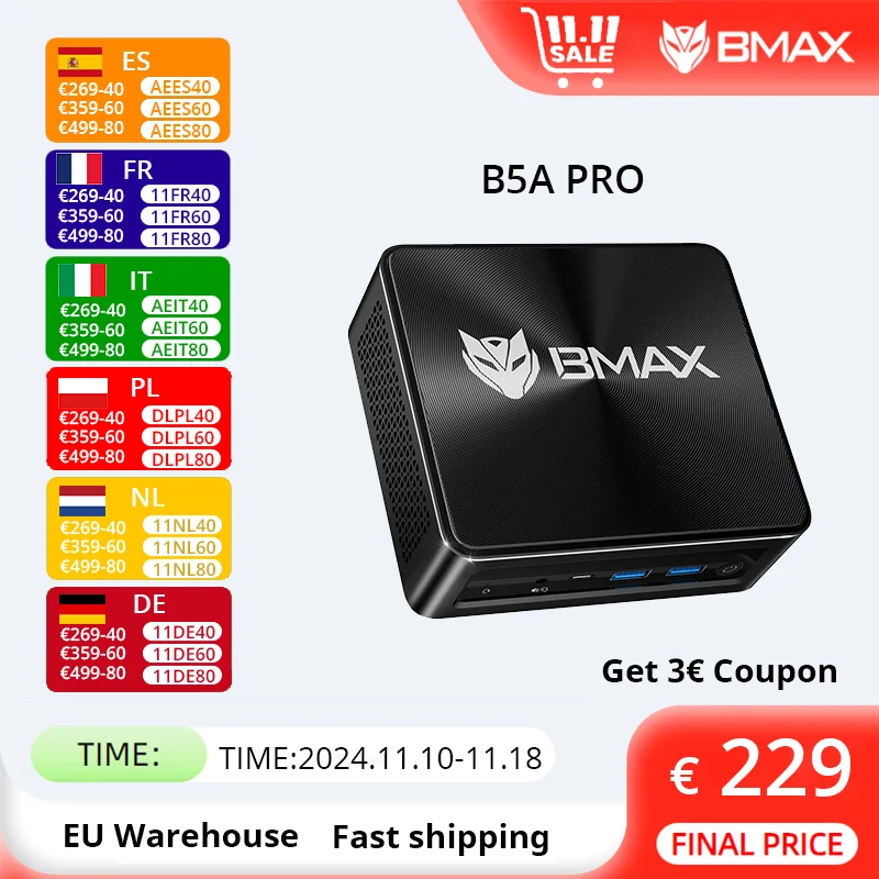 BMAX B5A Pro AMD Ryzen7 5825U Processor AMD Radeon Graphics 16GB(Support Max 64GB) DDR4  512GB NVMe SSD Windows 11