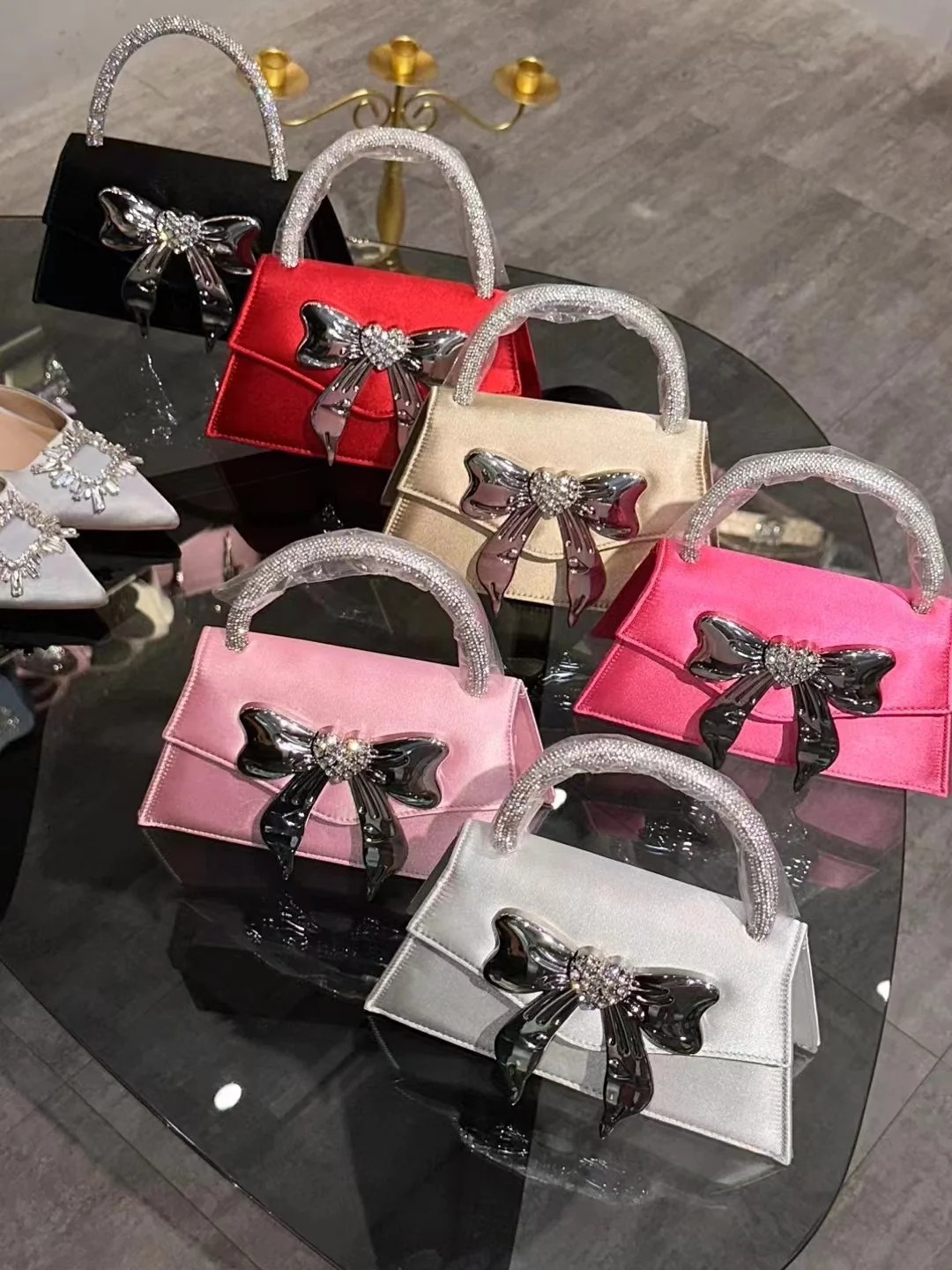 Luxury Satin Square Bag Metal Bow Knot Evening Bag Glitter Shiny Diamonds Handbag Wedding Party Clutch Purse Women Crossbody Bag