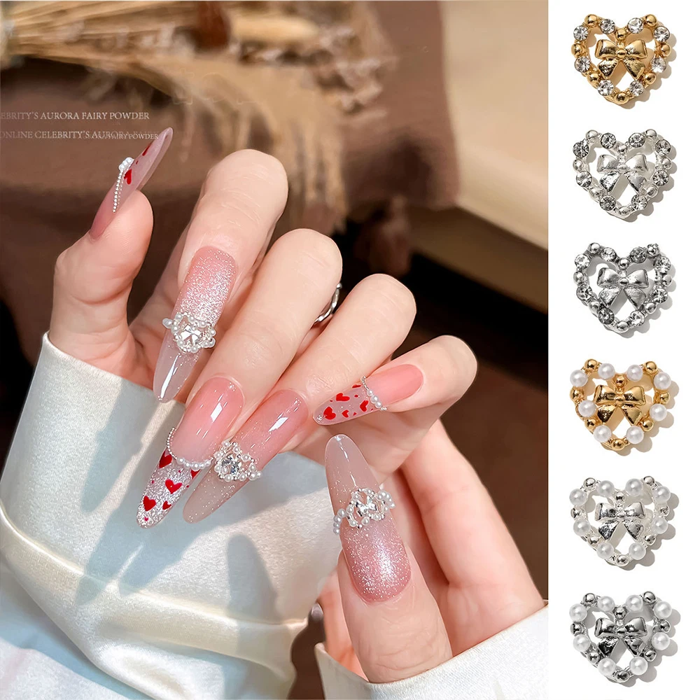 5 個 3D ラブハート型リボン合金ネイルアートチャーム豪華なラインストーンラブハートパールネイルラインストーンバレンタイン DIY