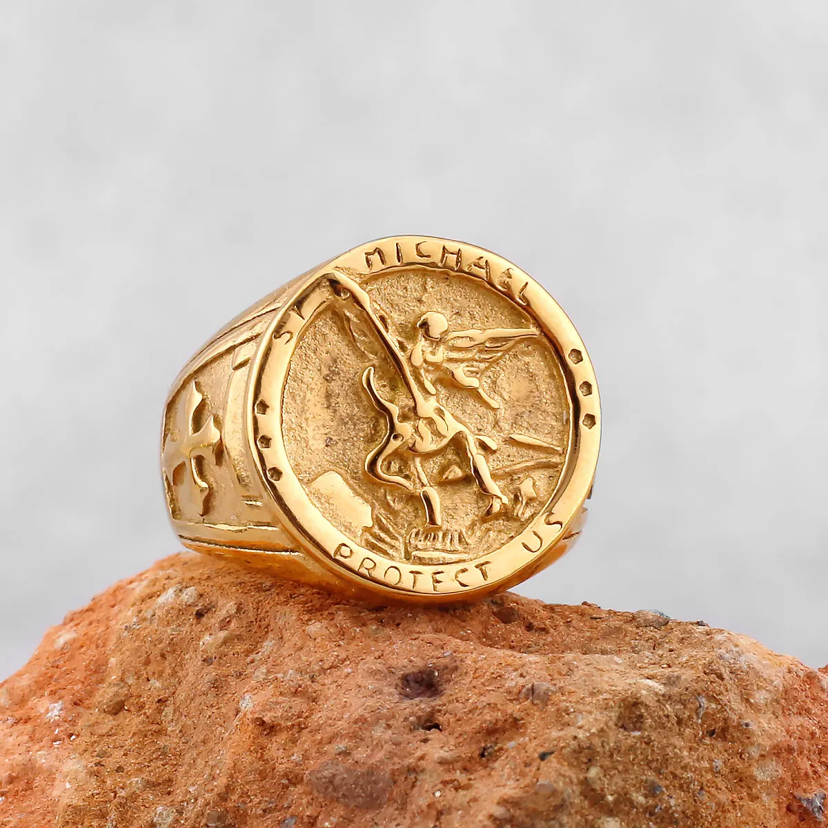 Archangel Religion Amulet Cross Ring Gold Color Stainless Steel Mens Rings Punk for Male Boyfriend Biker Jewelry Creativity Gift