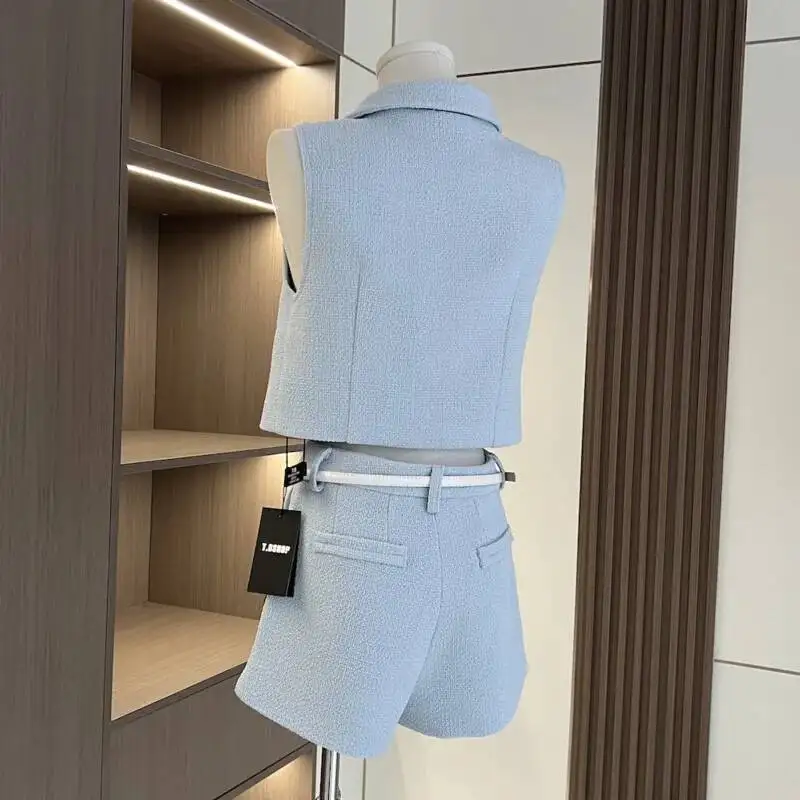 3pcs/pack High Quality Tweed 2 Piece Pant Sets For Women Bow Vest Tops + Shorts Sets Sweet Lady Two Piece Pant Suits