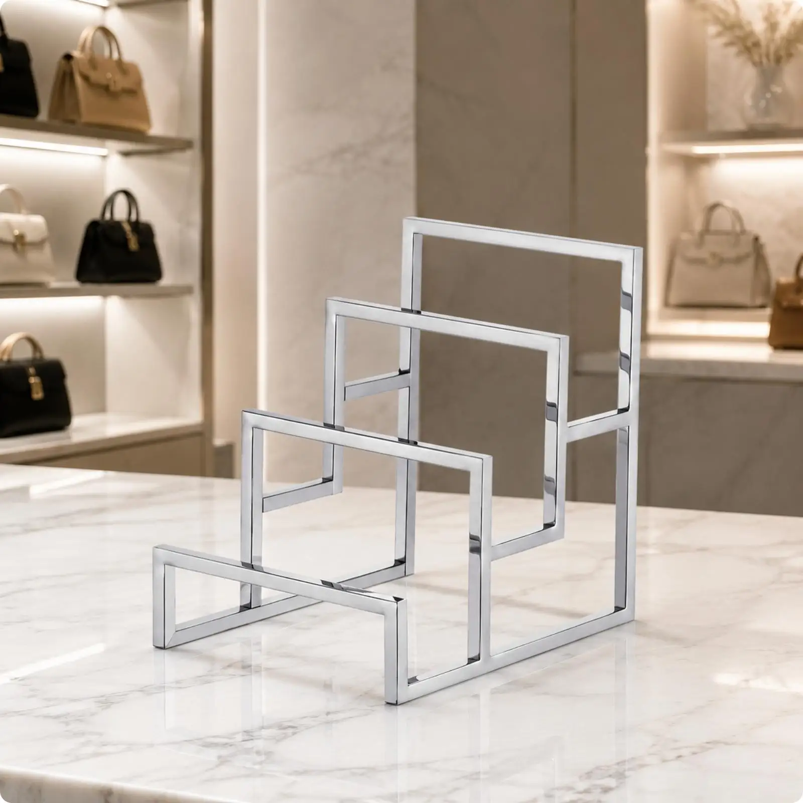 Freestanding Metal Display Rack 3 Tier Tabletop Shelf Organizer for Wallets and Merchandise Silver Polished