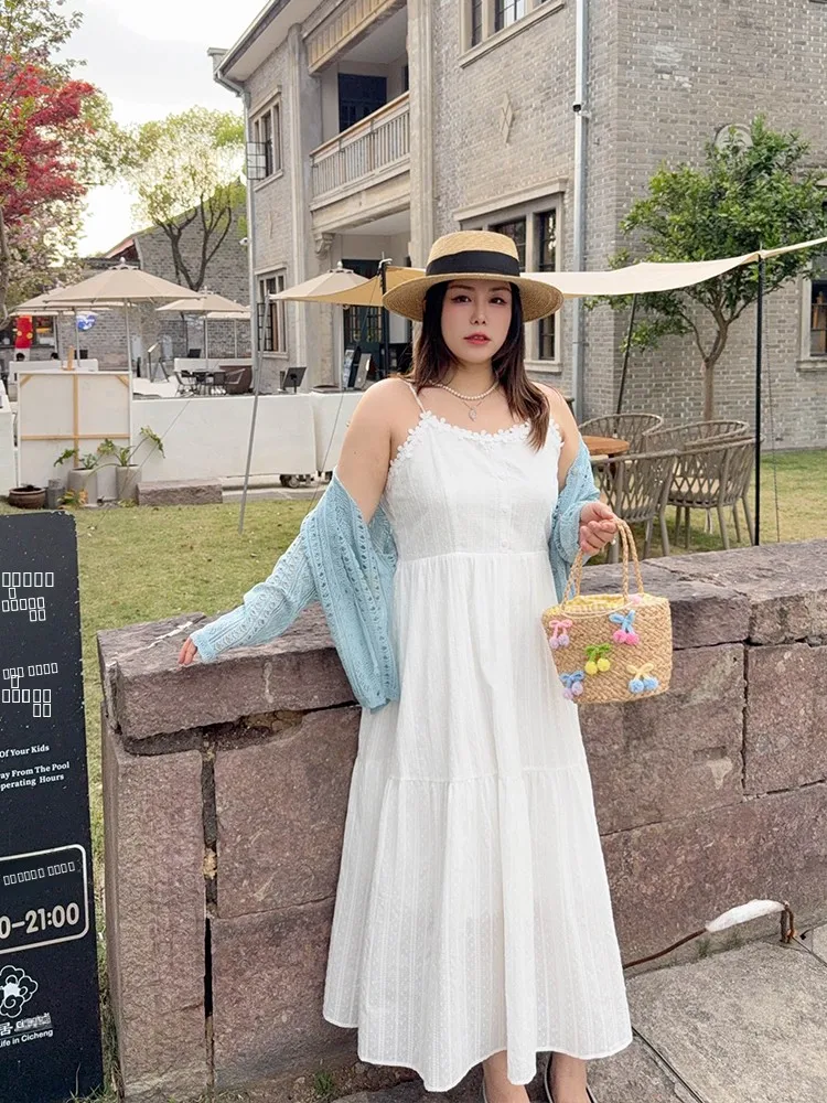 VOGANA Large Size Women's Dr Slimming Waist A-Line Strapl Dr 3D Flower Decoration High Waist Cotton Spring Summer