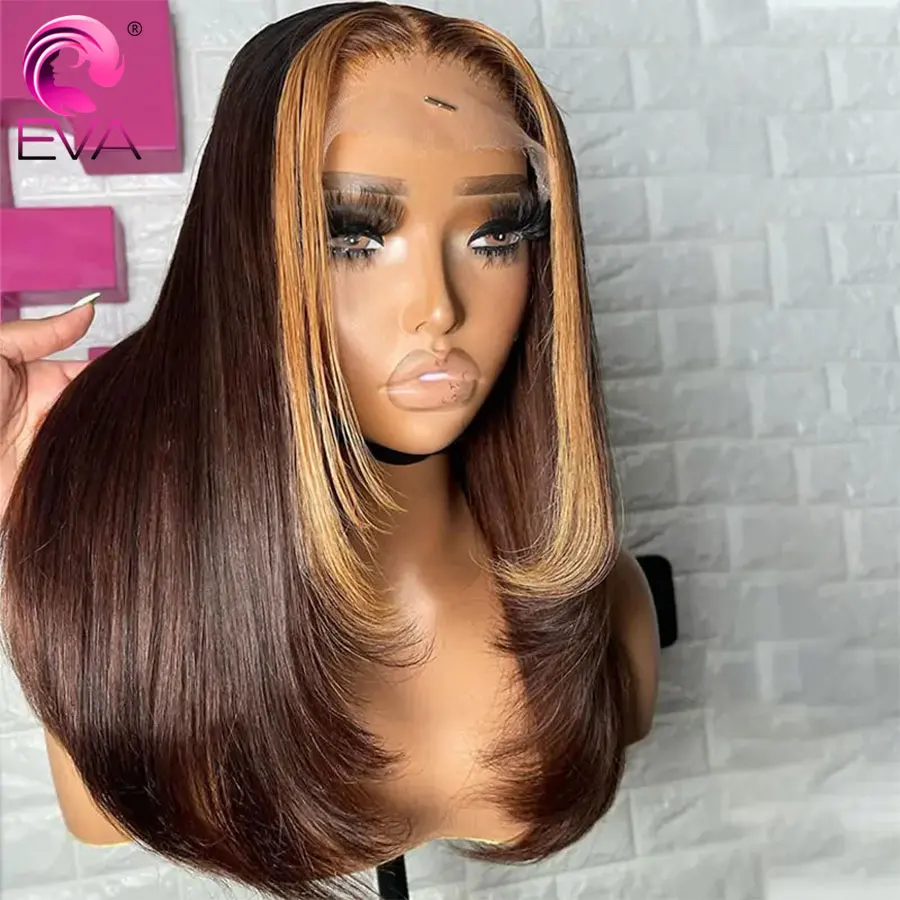 Eva Layer Cut Wigs Brown With Blonde Layered Straight 13x6 Lace Front Human Hair Wigs Pre Plucked Bleached Knot Lace Frontal Wig