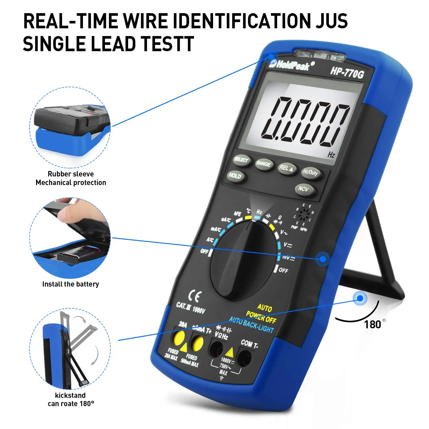 Digital Multimeter HOLDPEAK 770G Auto-Ranging DMM Electrical Meter Tester 4000 Counts for AC/DC Amp, AC/DC Voltage NCV Diode HFE