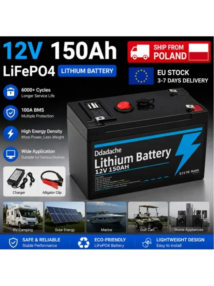 EU-Lagerbestand: 12V 150Ah LiFePO4 Lithium-Batterie mit USB-Anschluss, BMS, Deep-Cycle-Solarbatterie für Solarladung, Fischfinder, Marine, Camping, netzunabhängige Stromversorgung
