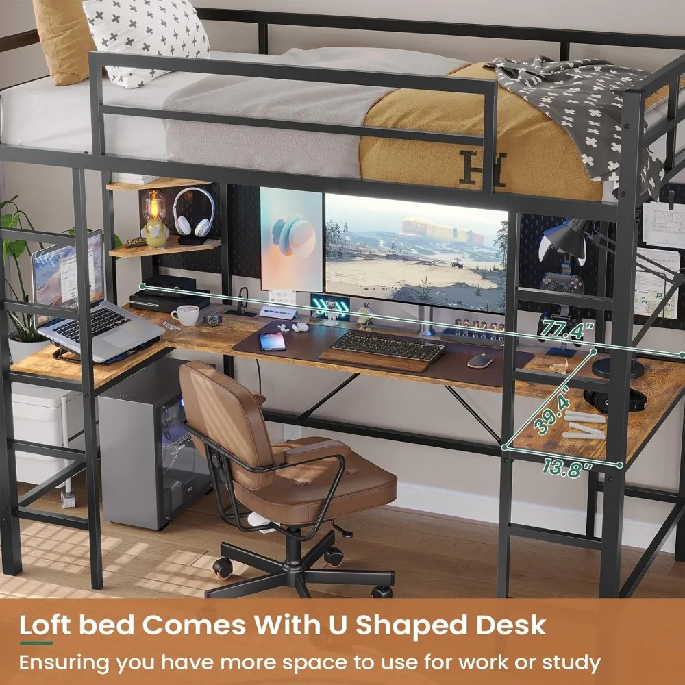 Loft Bed with Desk and Led Lights, Charging Station and Storage Shelves, Safety Guard & Ladder, Twin LED Loft Metal Bed Frame image 3