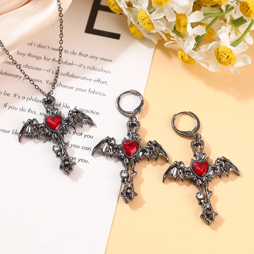 

1set Halloween Jewelry Creative Moon Cross Love Heart imitation Rhinestone Inlaid Earring Necklace Party Accessory Props Girls