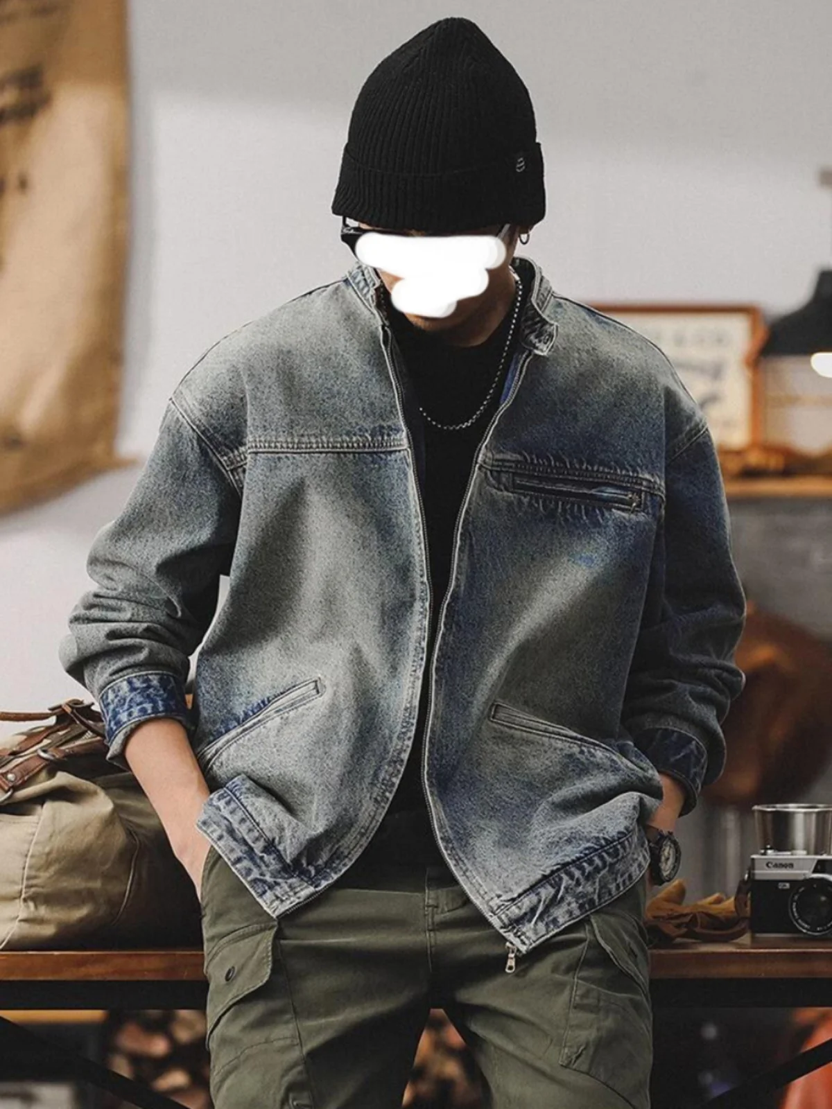 

Heavyweight round Ne adual Wa Denim Jaet Men's Spring Autumn Zipper Cardigan American Retro Jaet for Teen Boys