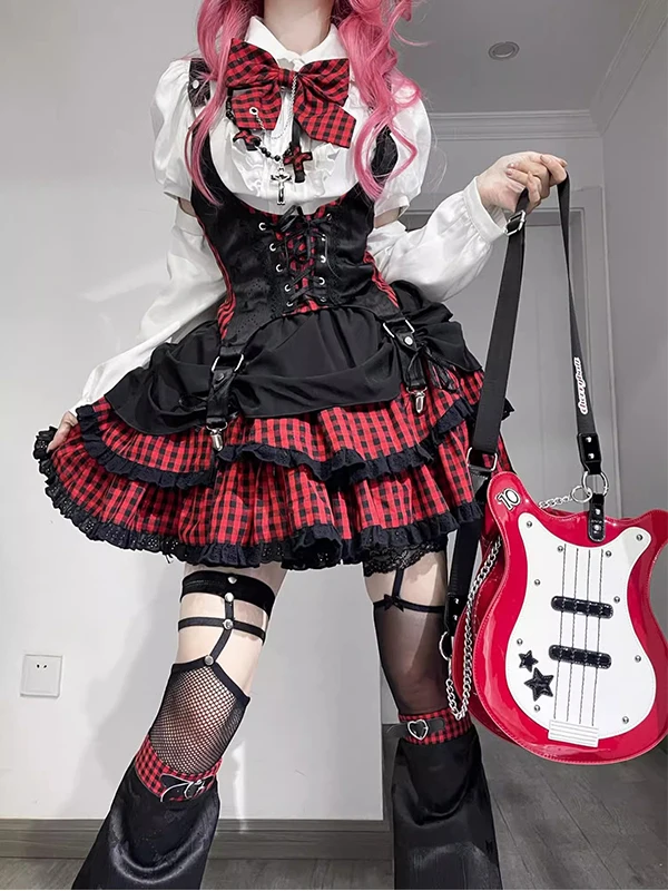 

Gothic Sweet Cool Long-sleeved Shirt + Strap Skirt Leg Cover Waistcoat Set Subculture Y2k Singing Clothes Hot Girls Women's 2026