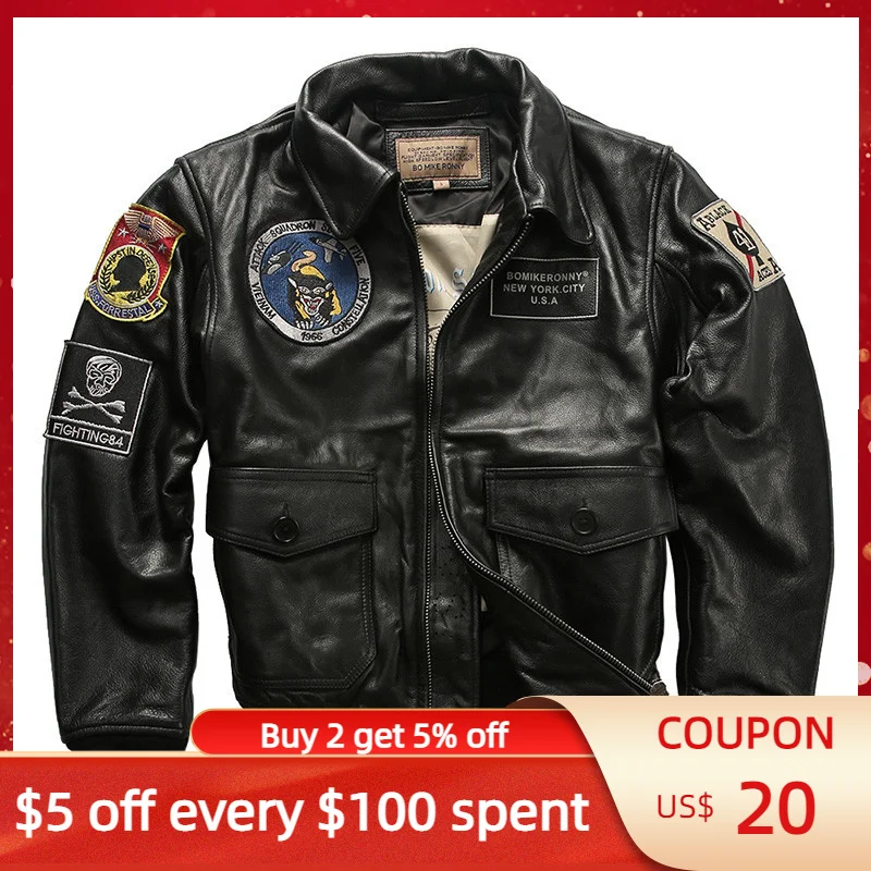 

2024 Black Men Military A2 Pilot Leather Jacket Plus Size 5XL Genuine Natural Cowhide Spring USAF Aviation Coat