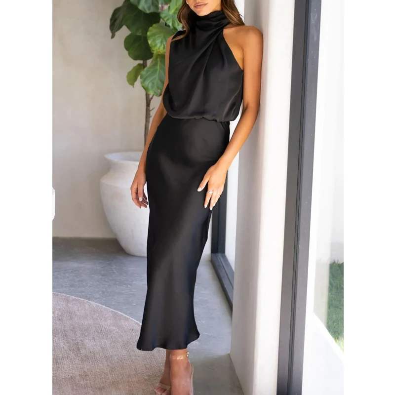 Elegant Satin Sexy Off Shoulder Asymmetrical Evening Party Dresses for Women Summer Fashion Sleeveless Slim Maxi Dress Vestidos