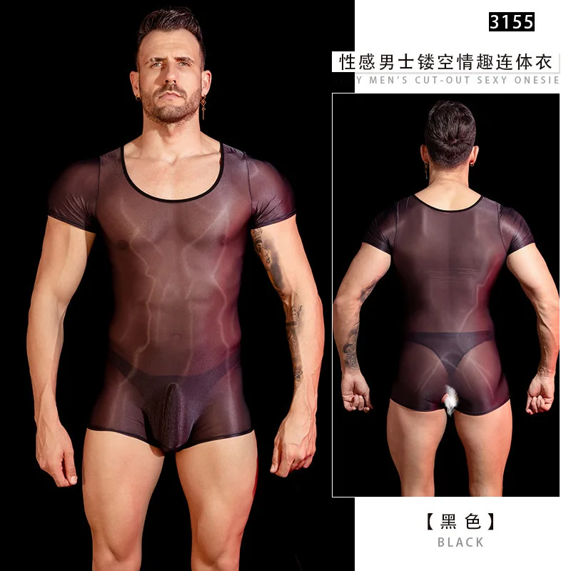 

Glossy See Through Sexy Mens Romper Undershirts One-piece Fitness Leotard Bodysuit Underwears
