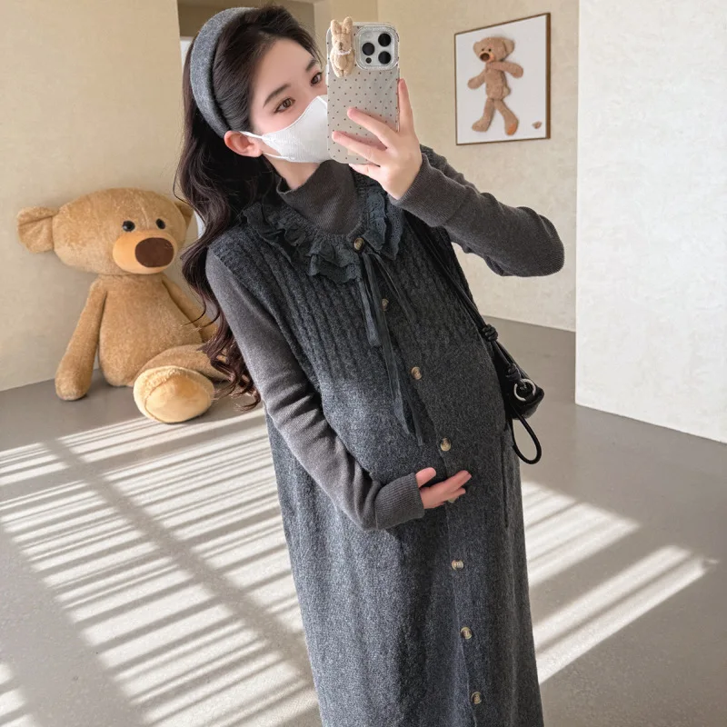 Maternità di fascia alta moda 2025 Autunno stile coreano cravatta in pizzo con bottoni maglione gilet abito e top base a maniche lunghe