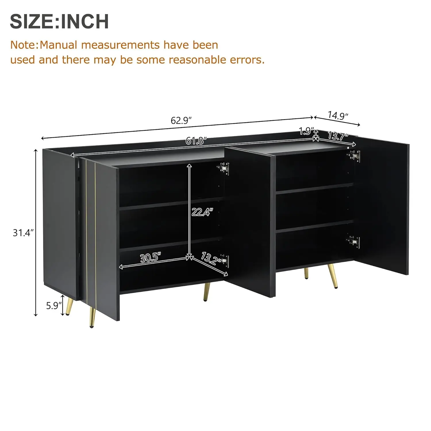 Multi-Functional Shoe Cabinet with 5 Golden Metal Legs & Modern TV Stand with 4 Adjustable Shelves - Sideboard with