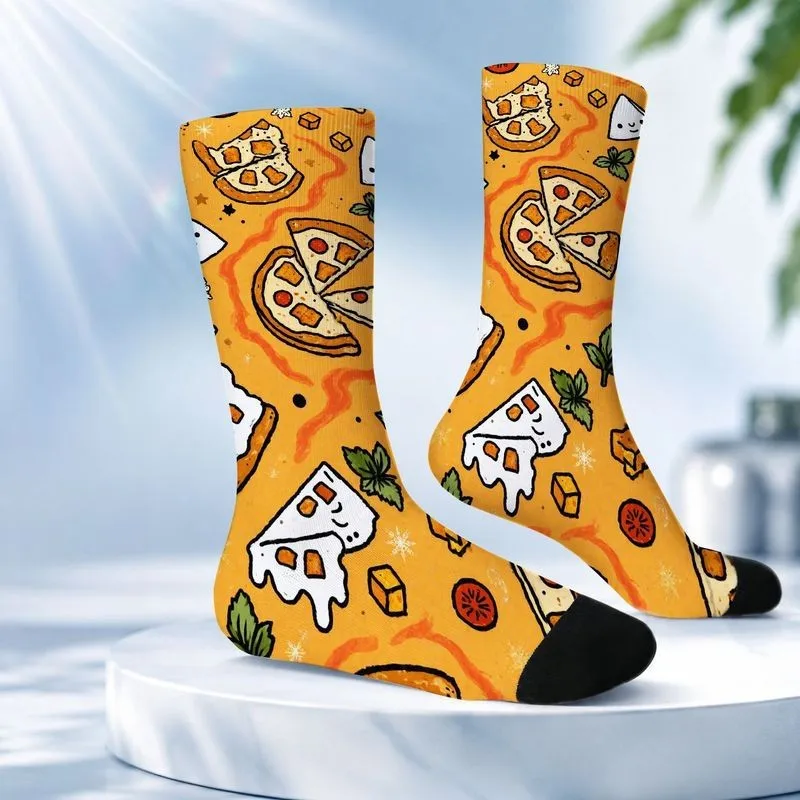 Pizza Themed Mid-Calf Socks Unisex Novelty Print Stretch Fit for Men Women Casual Wear Gift