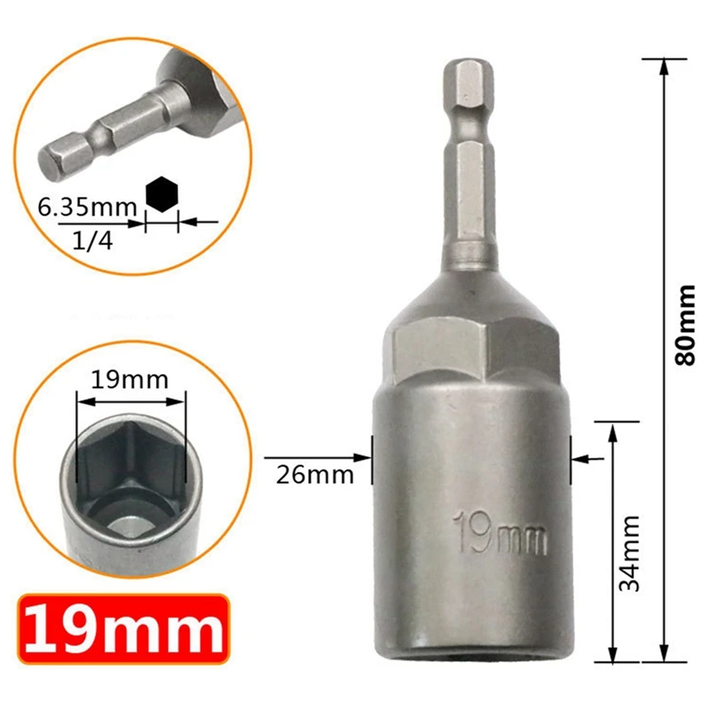 Deep Hex Socket Nut Driver Drill Hex Impact Socket Adapter 80Mm Length Screwdrivers Bits 6-19Mm Quick Adapter