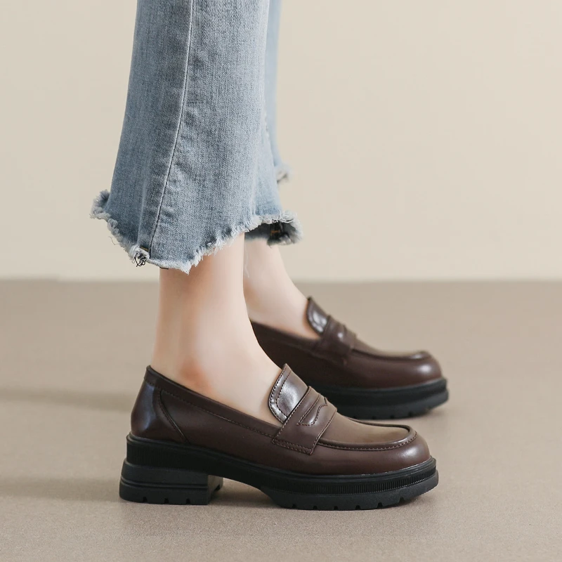 

Women Platform Loafers Retro Maillard Brown Leather Shoes Chunky Heel Soft Sole Elegant Daily Casual Fashion Flat Footwear