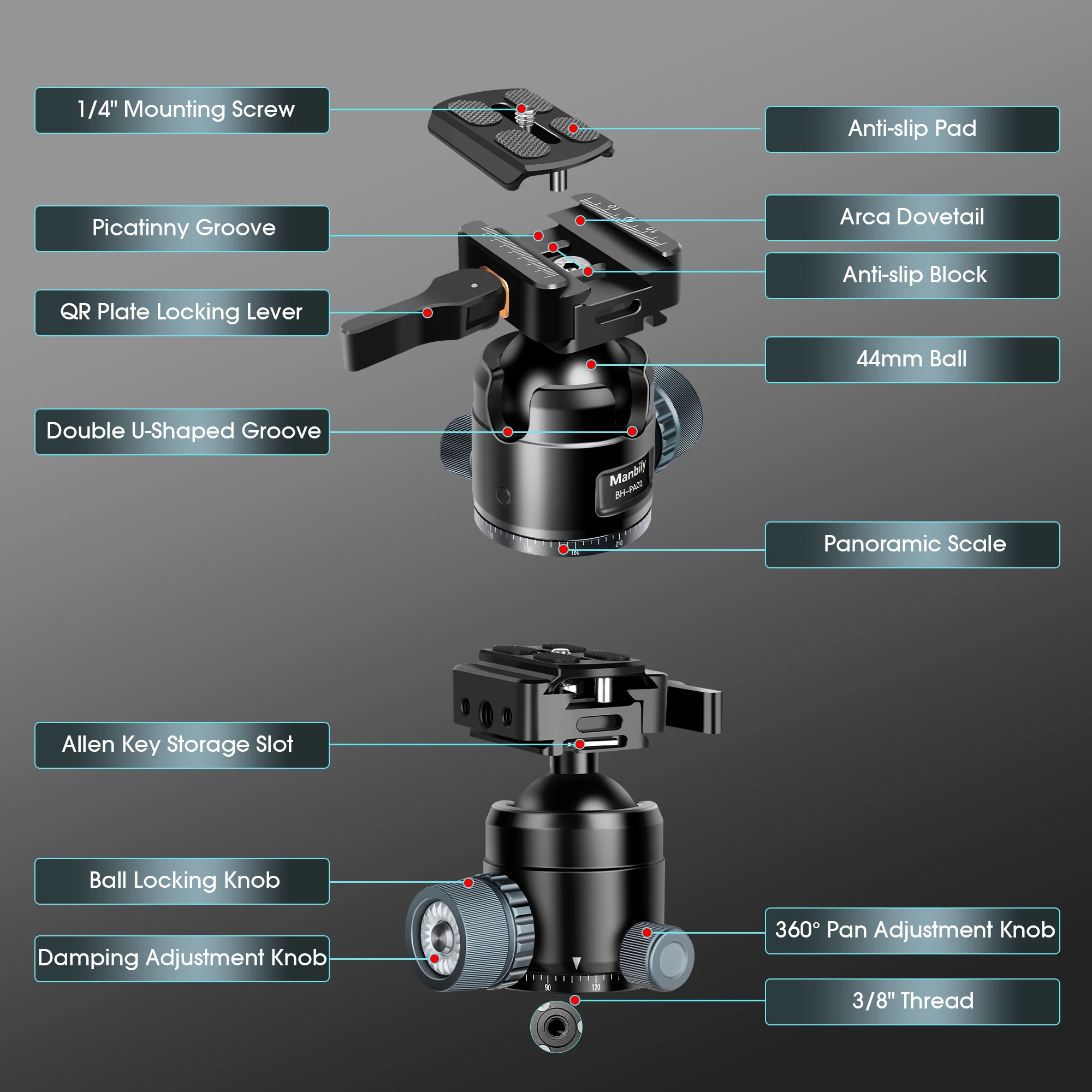 Manbily BH-PA02 Tripod  ballhead Arca Swiss Shooting Rifle Saddle Mount Tripod Clamp For hunting Max Load 44.09lb/20kg