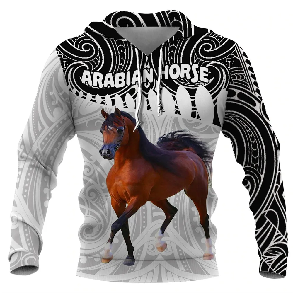 HX Animals Hoodies 3D Graphic Totem Horse Stallion Tattoo Pattern Sweatshirts Casual Pocket Sportswear Harajuku Men Hoodie