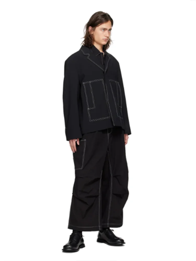 

2026 New Style Casual Men's Color-Contrasting Shirt with Loose Long Sleeves and White Thread Decoration