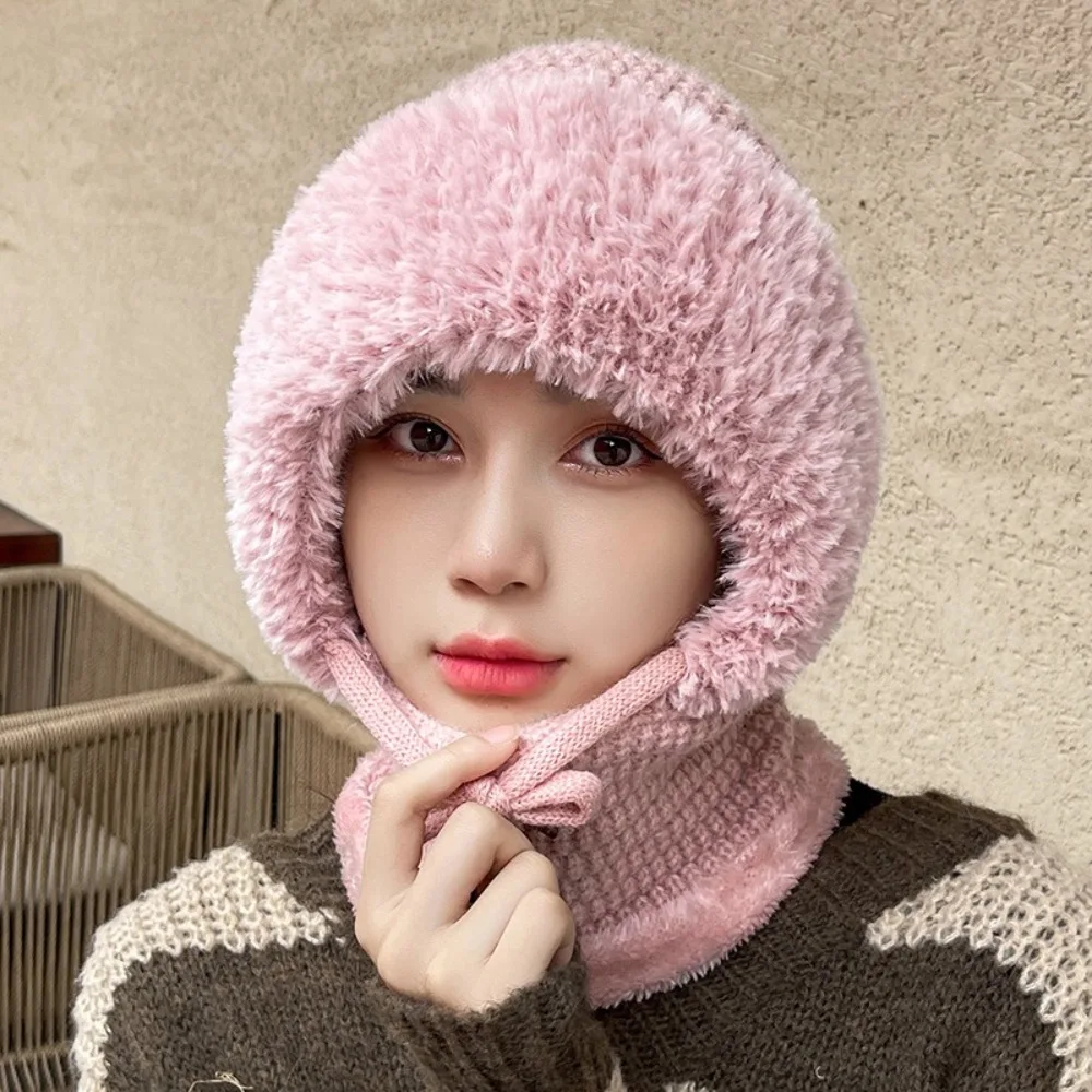 Simple Multi functional Balaclavas Hat Plush With Ties Knitted Beanies Hat Solid Color Windproof Mask Neck Cover Set Ski