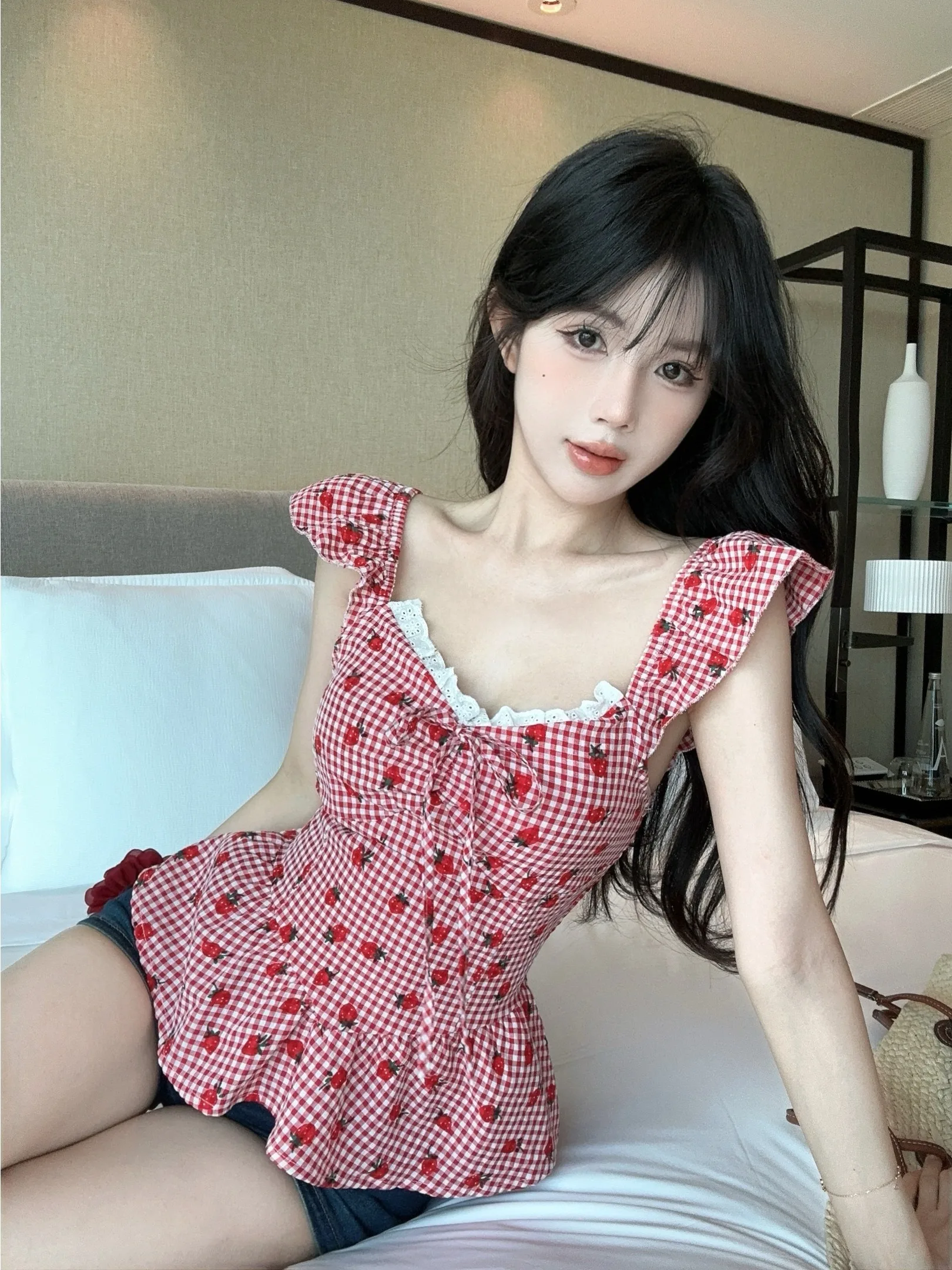 French Style Slim Fit Cotton Shirt Strawberrie Print  Knot Summer New Arrival Women's Top Breathable Lightweight