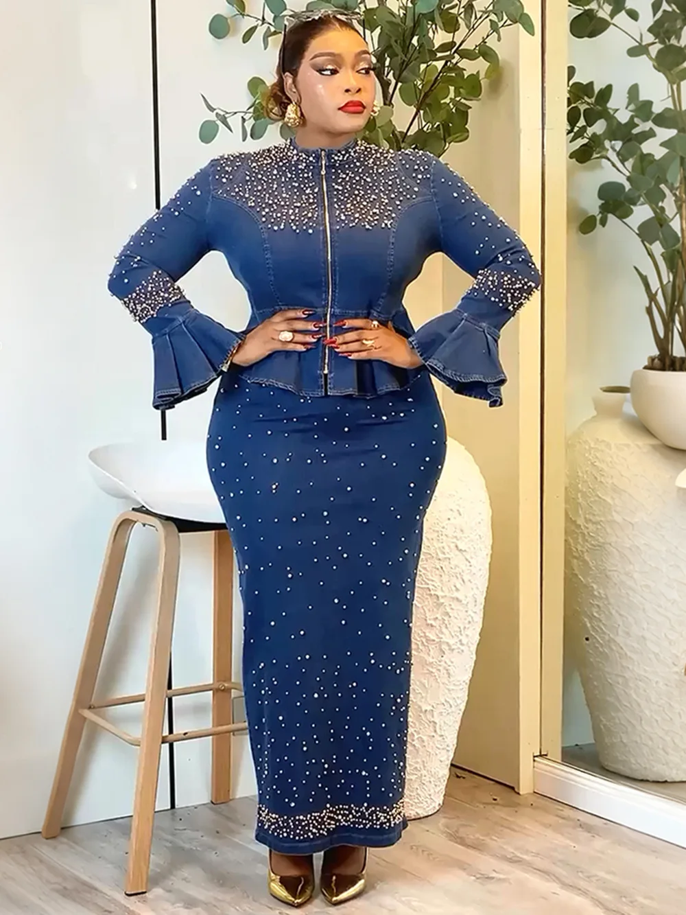 

Plus Size Turkey Wedding Party Dresses African Clothes for Women 2 PCS Sets Tops and Skirts Suits Dashiki Ankara Denim Outfit