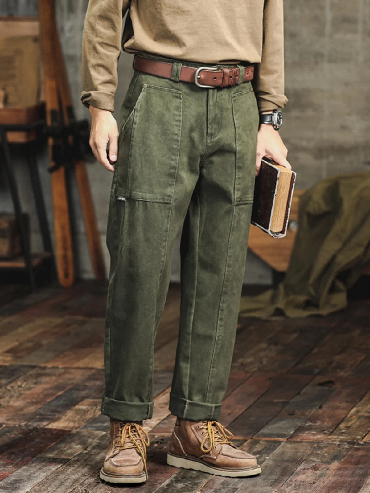 American-Sle Heavy Retro Army Green Casual Pants Men's Spring and Autumn Loose Autumn and Winter Straight Pants Logging Car...