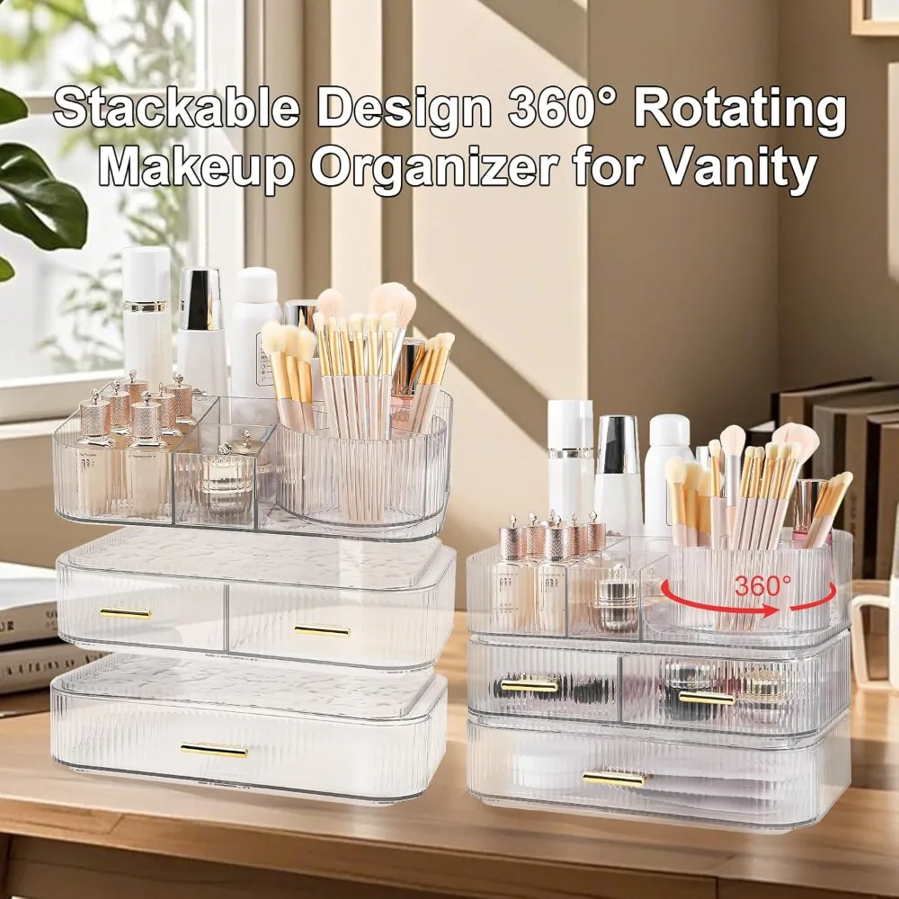 DASITON Makeup Organizer with Drawers and Rotating Makeup Brush Holder,Large Capacity Stackable Cosmetic Organizer Countertop,Ba