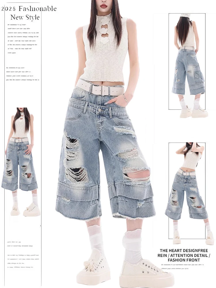 

Джинсовые орты с завышенной талией, женские летние новые дизайнерские свободные широкие брюки с высокой талией, джинсы на семь футов, повседневные однотонные джинсы