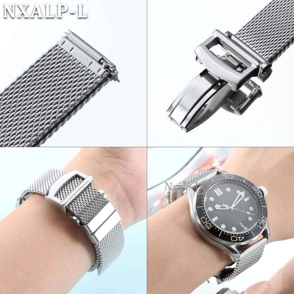 1.0 Mesh Milanese Watch Band 20mm 22mm for IWC Pilot Portuguese PORTOFINO Stainless Steel Watch Strap Folding Buckle for Omega view 5