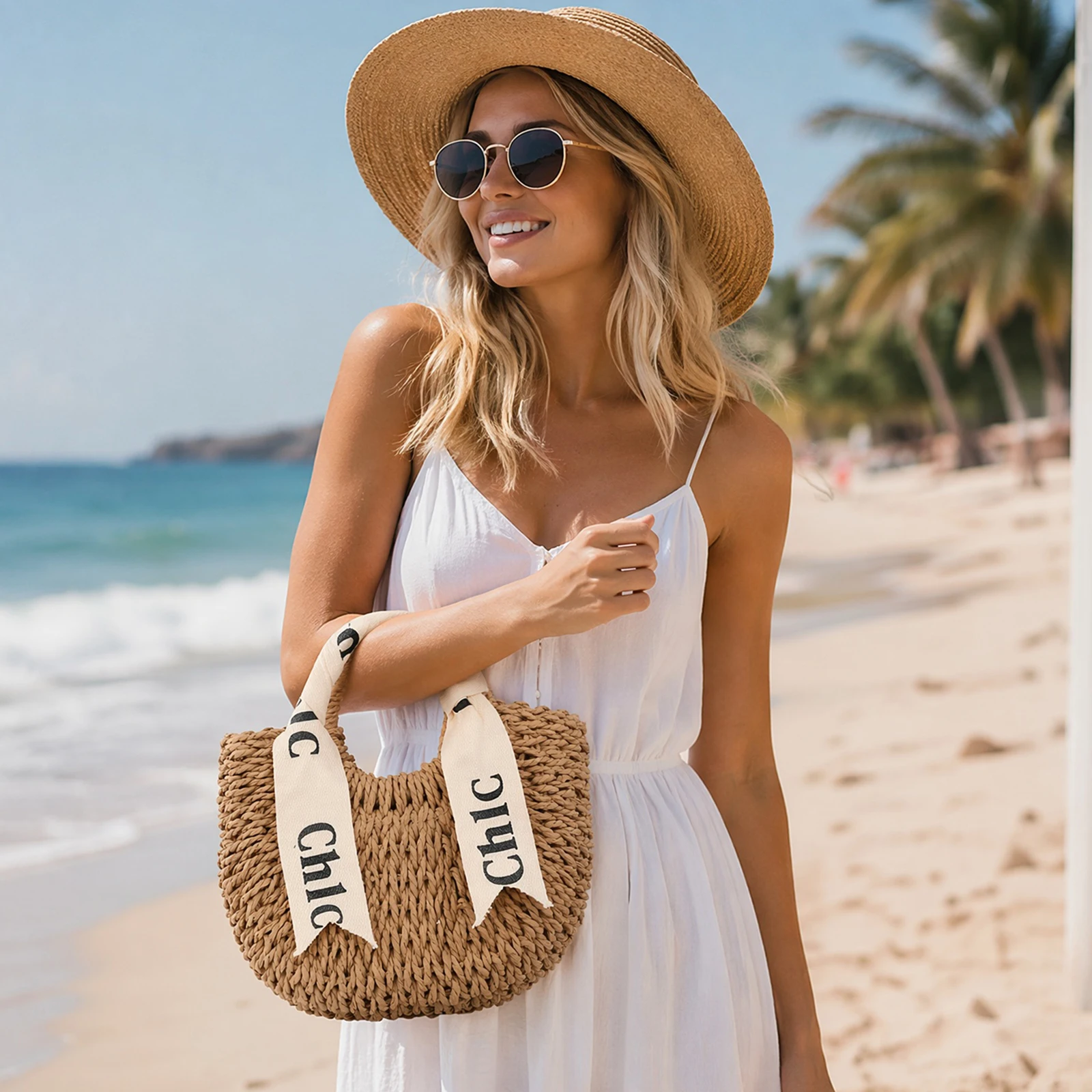 Handwoven Straw Half Moon Tote Bag Women Rattan Woven Beach Handbag Boho Vacation Bag with Letter Ribbon And Lining Medium Size
