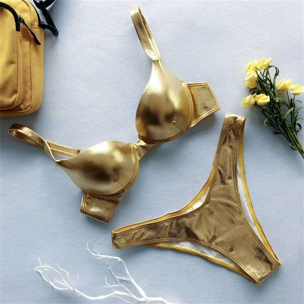 Gold Bikini Push Up Bra Women Trend Y2K Swimwear Glossy Metallic Beach Outfit Swimsuit Bath Suit Club Micro Bikinis Tangas Mujer