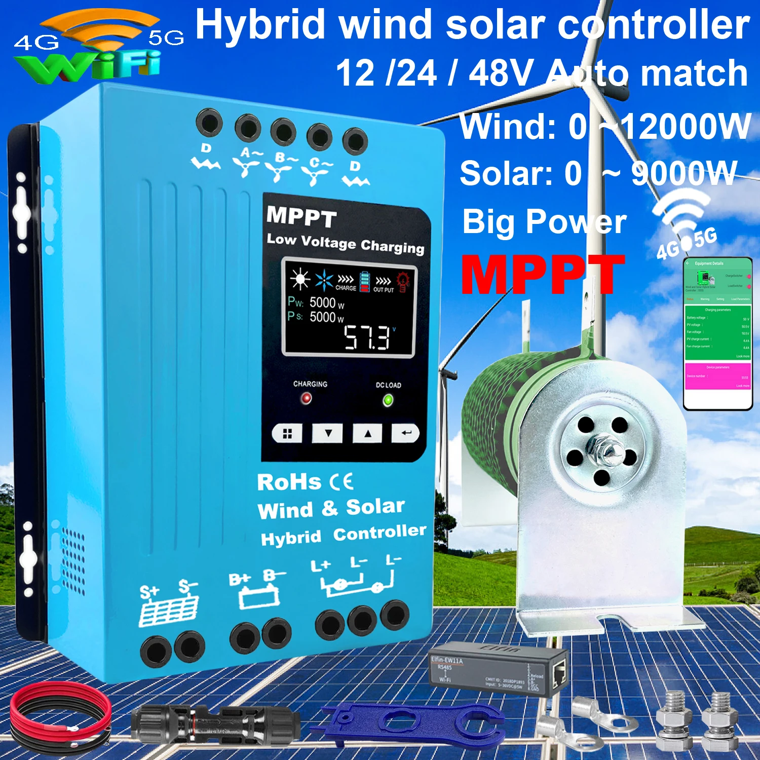 12V 24V 48V WIFI MPPT Kontroler ładowania 100A 5000W 6000W 8000W Panel słoneczny Regulator generatora wiatrowego do systemu gospodarstwa domowego