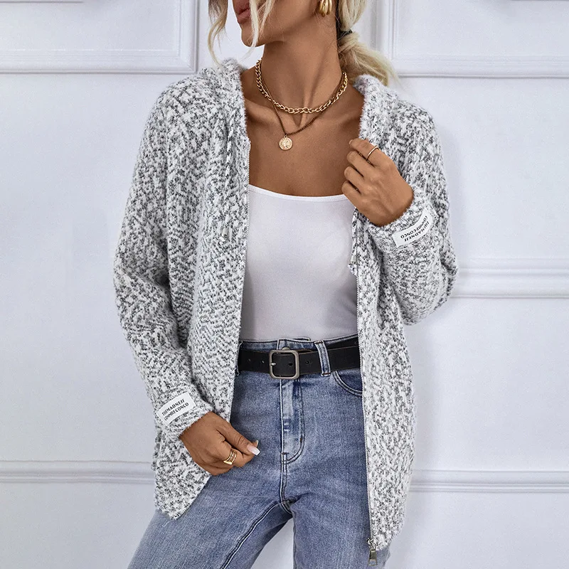4 Colors Long Sleeves Cardigan Soft Sweater With Hooded Speckle Front Zipper Loose Knitwear Autumn Women Knitted Outstreet Coat
