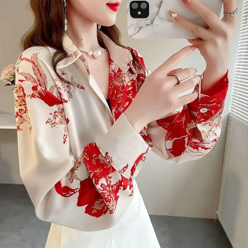 Spring Autumn New Women\'s Turn-down Collar Button Fashion Loose Versatile Long Sleeve Medium Length Sweet Printed Shirt Tops