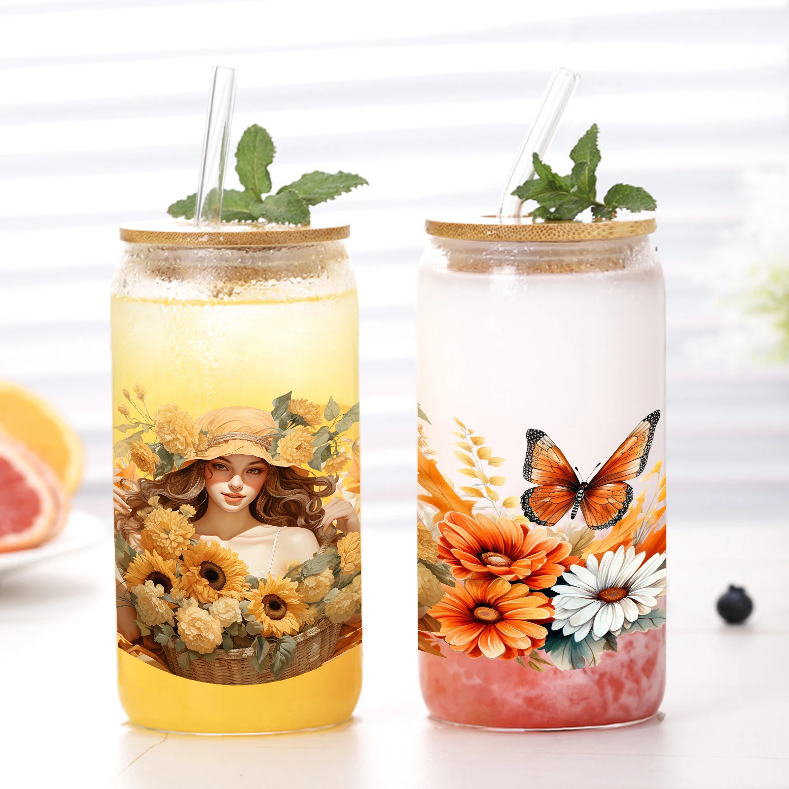 

1pc Girl Fall Butterfly 3d Printed 16oz Sublimation High Borosilicateglass Can Coffee Cup With Lid&Straw Holiday Season Gift