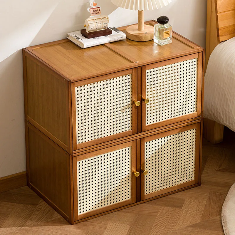 Bamboo Wood Grids Cabinet Stackable Household Storage Cabinet Floating Window Low Storage Box Bedside Cabinet For Bedroom Floor