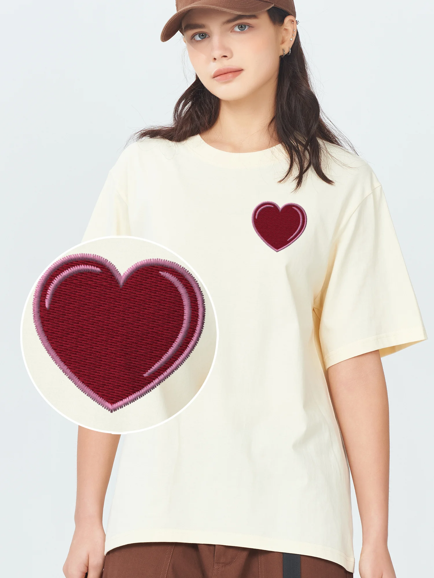 

Футболка с вышивкой «Красное сердце», футболки из 100% хлопка с вышивкой, розовые футболки с рисунком, футболка с короткими рукавами, футболки с графикой