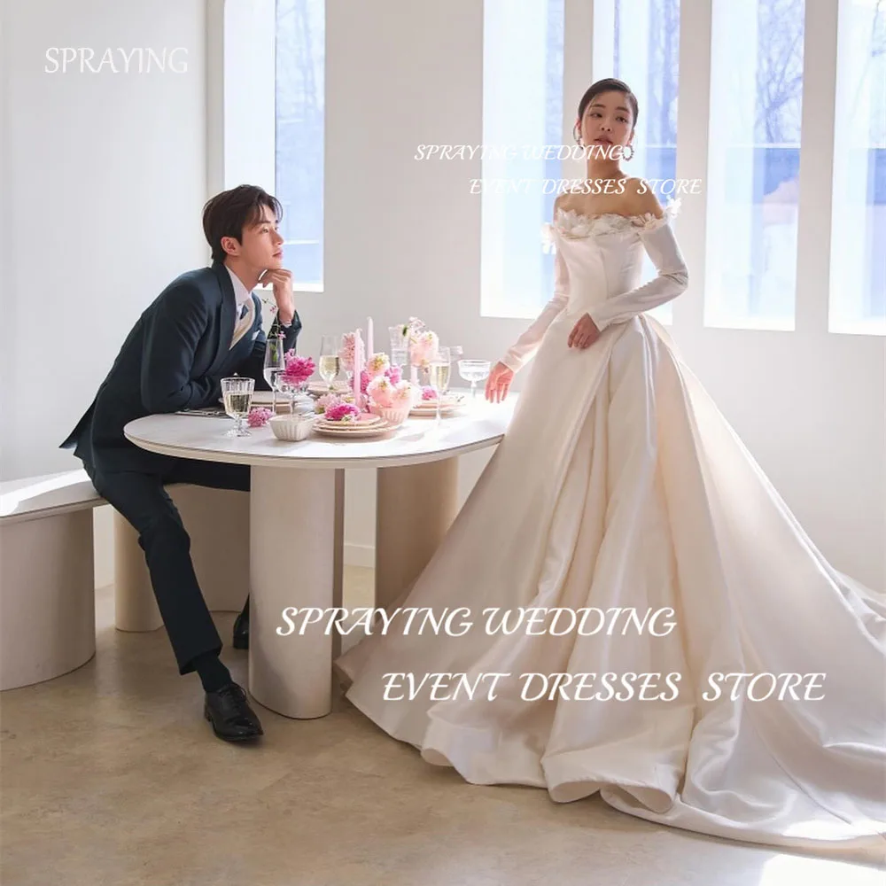 

SPRAYING Simple Satin Wedding Strapless Long Sleeves Wedding Dresses Korean A-line Floor-Length Long Bridal Gown Corset Back